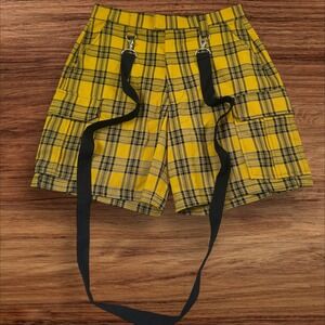 Hot Topic Yellow‎ Plaid Suspender Shorts Cargo Pockets Grunge Punk Goth Kawaii